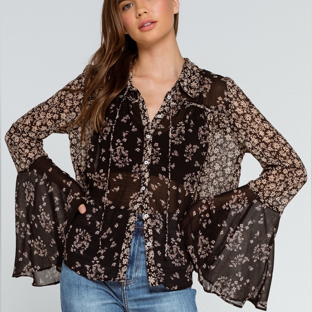 Free People Serena printed blouse in black multi